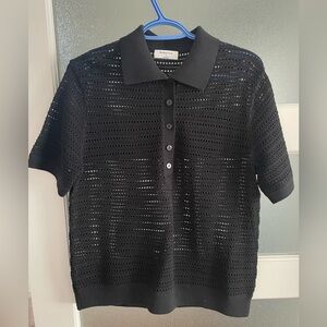 Babaton black crochet knit shortsleeved polo.